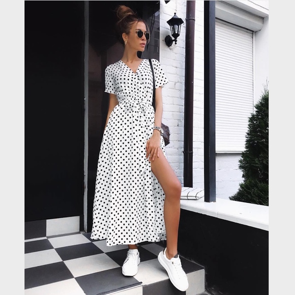 Maxi Wrap Polka Dot Belted White Summer Dress - Picture 3 of 6